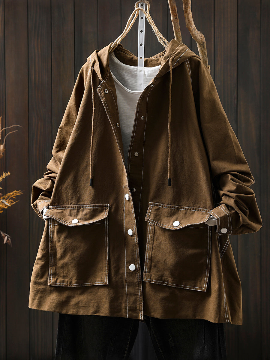 Women Autumn Casual Spliced Windproof Hooded Jacket