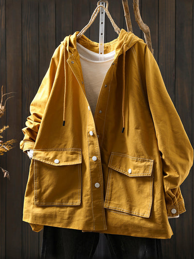 Women Autumn Casual Spliced Windproof Hooded Jacket