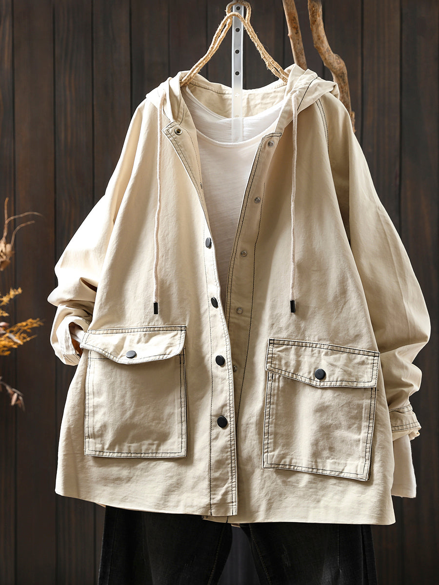 Women Autumn Casual Spliced Windproof Hooded Jacket