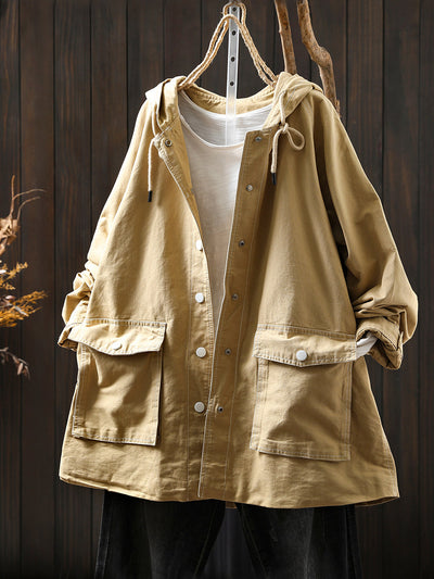Women Autumn Casual Spliced Windproof Hooded Jacket