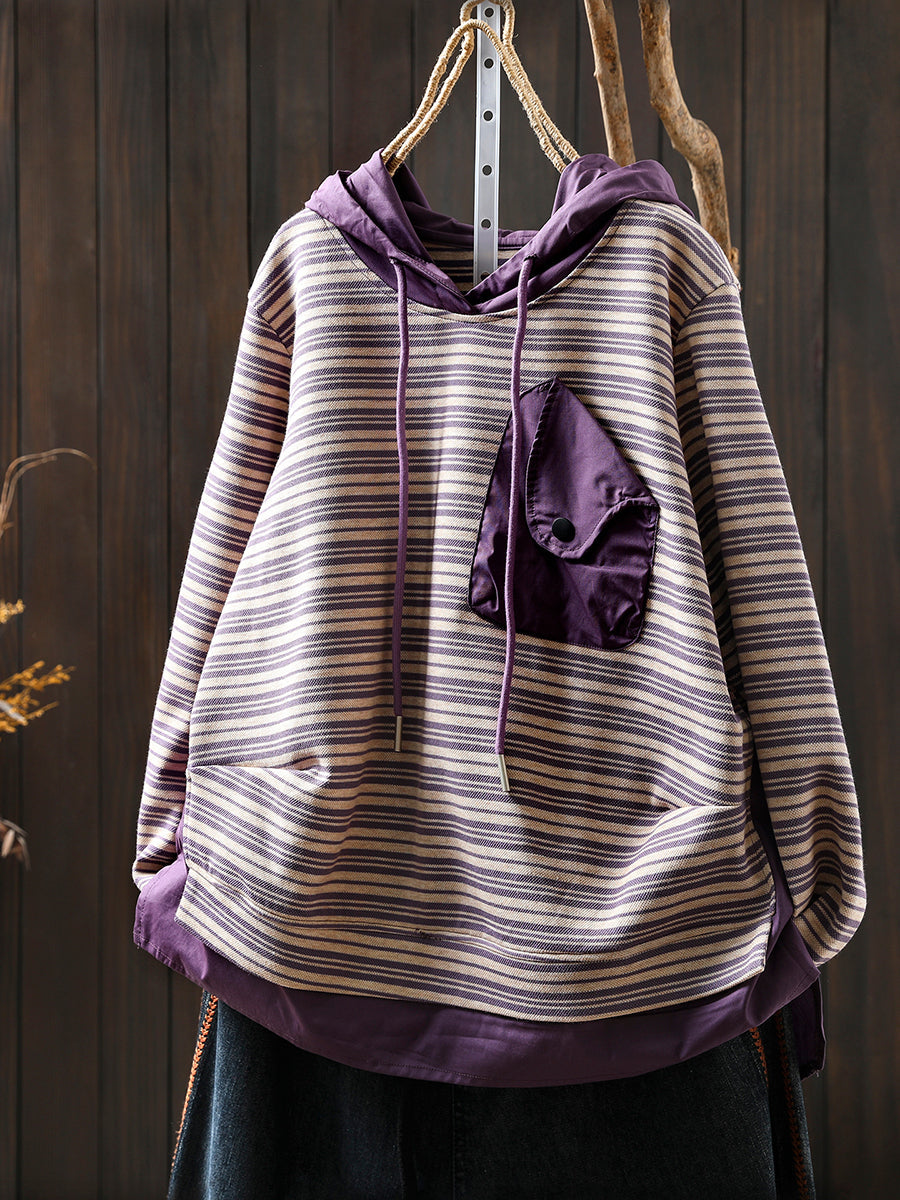 Women Autumn Casual Stripe 100%Cotton Hoodie