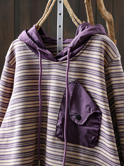 Women Autumn Casual Stripe 100%Cotton Hoodie