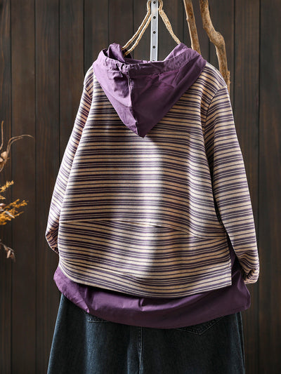 Women Autumn Casual Stripe 100%Cotton Hoodie