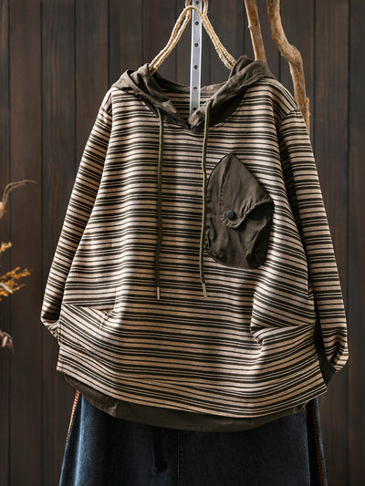 Women Autumn Casual Stripe 100%Cotton Hoodie
