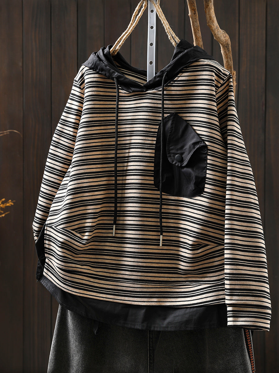 Women Autumn Casual Stripe 100%Cotton Hoodie