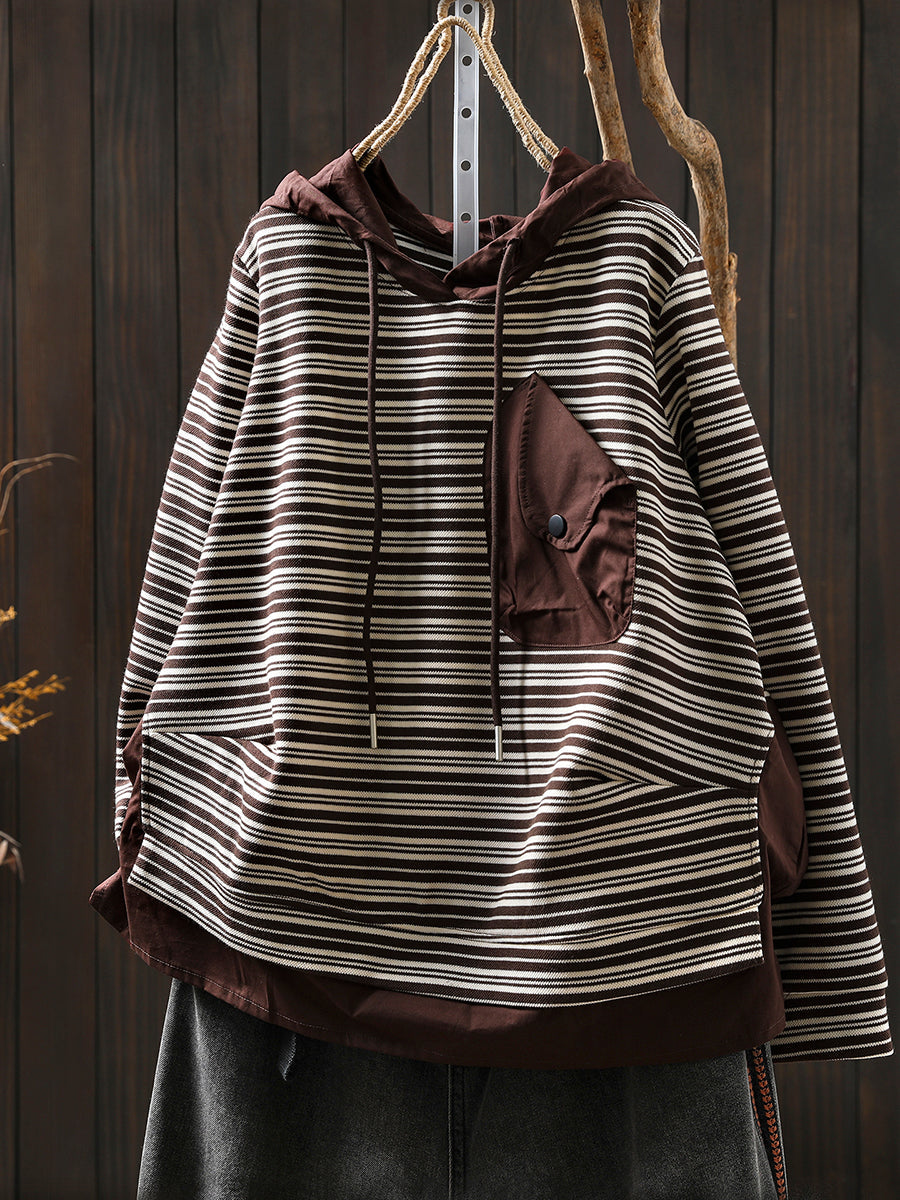 Women Autumn Casual Stripe 100%Cotton Hoodie