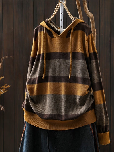 Women Autumn Casual Colorblock Stripe Knitted Hoodie