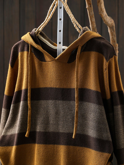 Women Autumn Casual Colorblock Stripe Knitted Hoodie