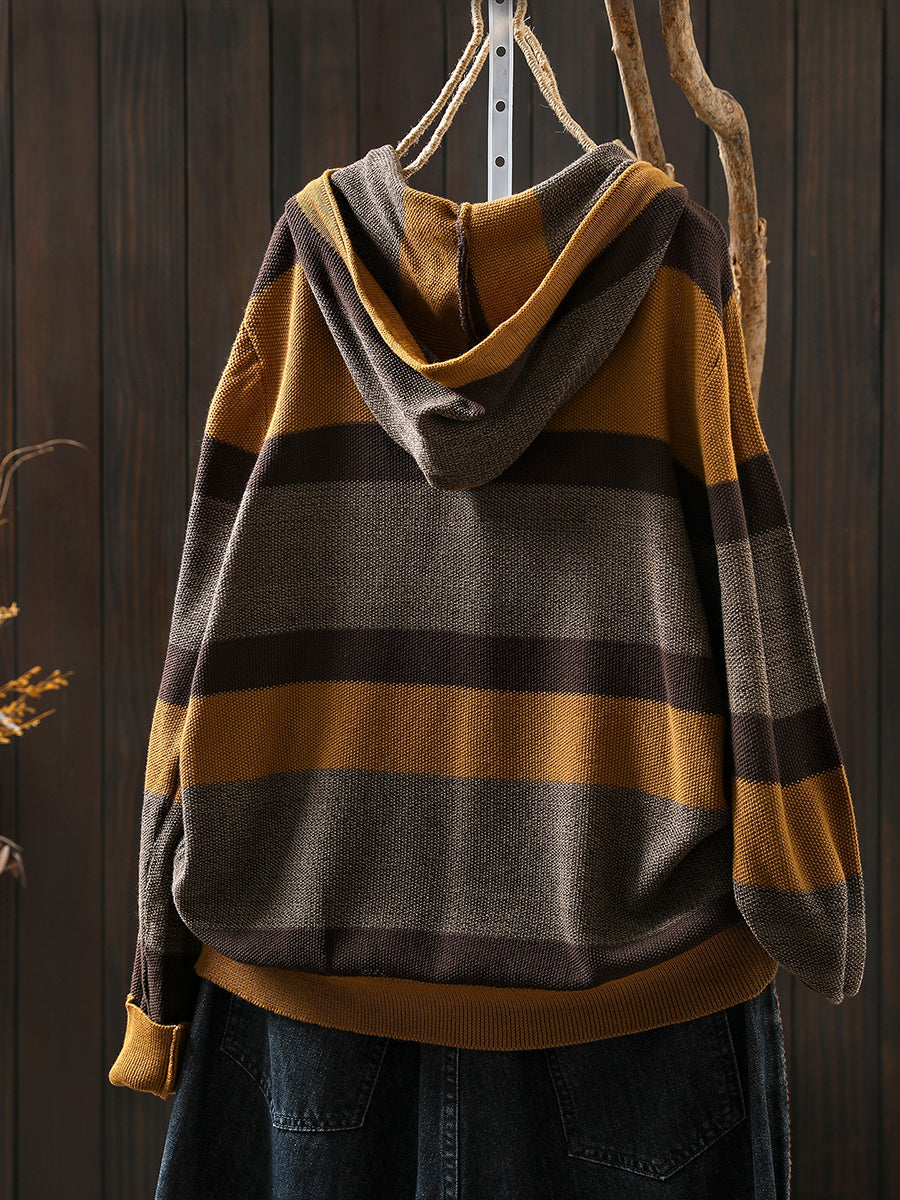 Women Autumn Casual Colorblock Stripe Knitted Hoodie
