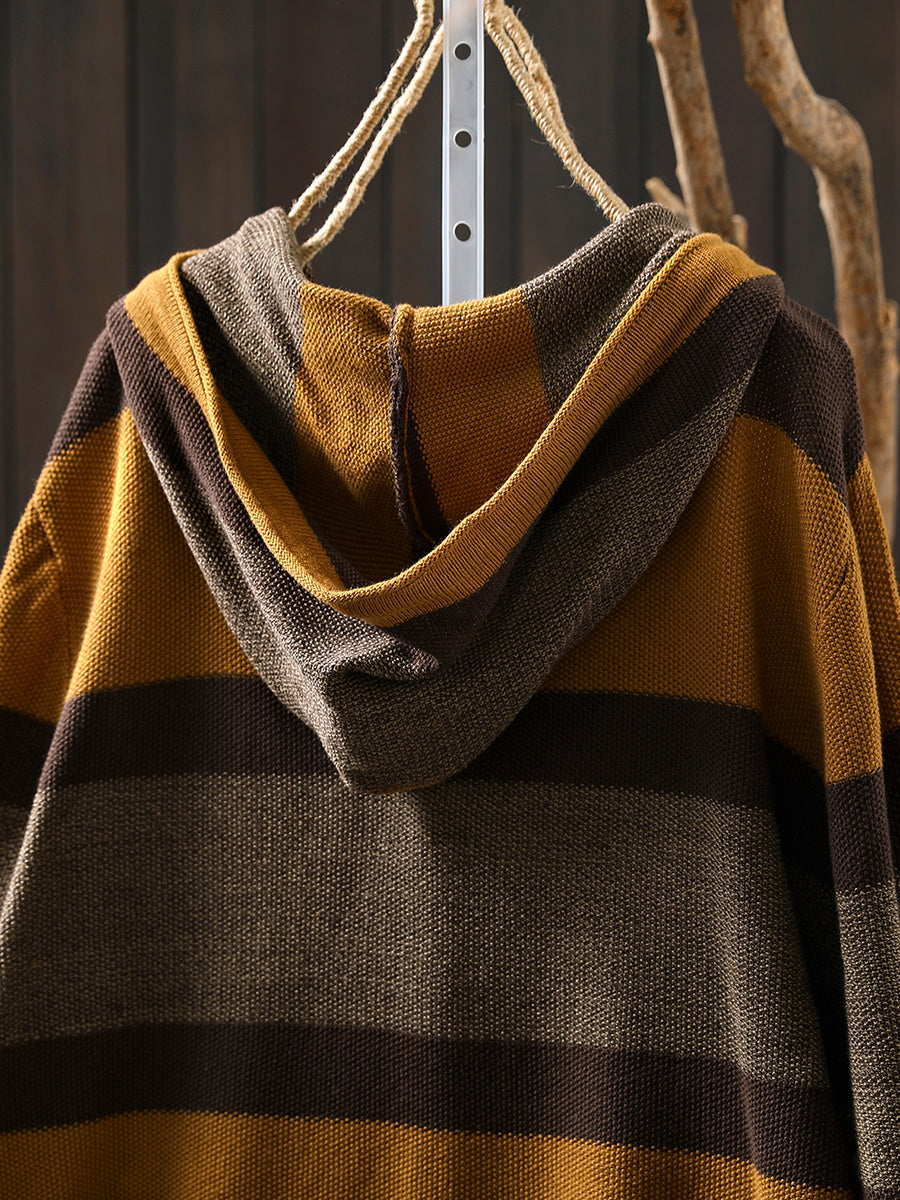 Women Autumn Casual Colorblock Stripe Knitted Hoodie