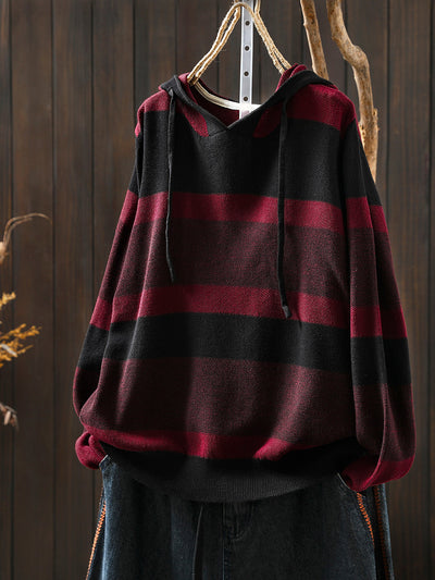 Women Autumn Casual Colorblock Stripe Knitted Hoodie