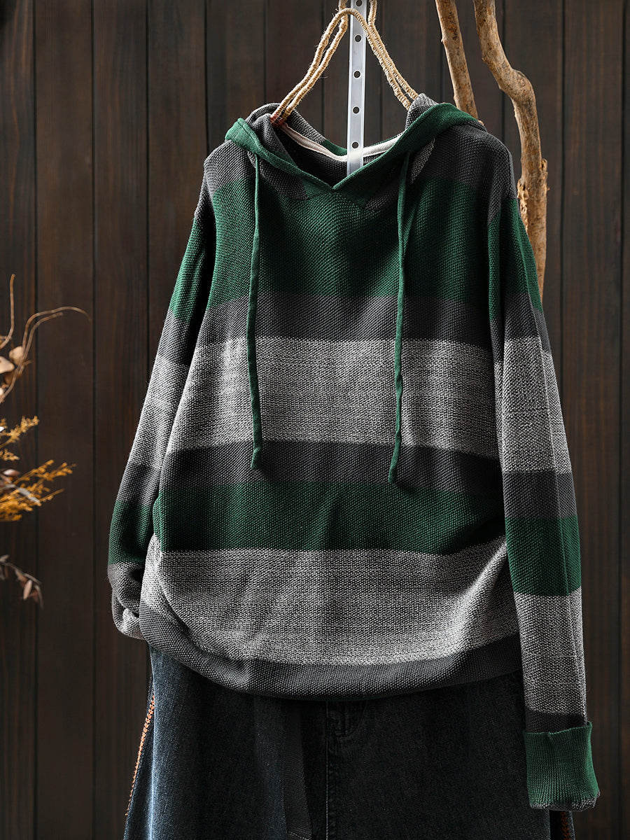 Women Autumn Casual Colorblock Stripe Knitted Hoodie