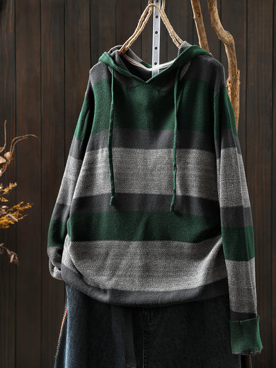 Women Autumn Casual Colorblock Stripe Knitted Hoodie