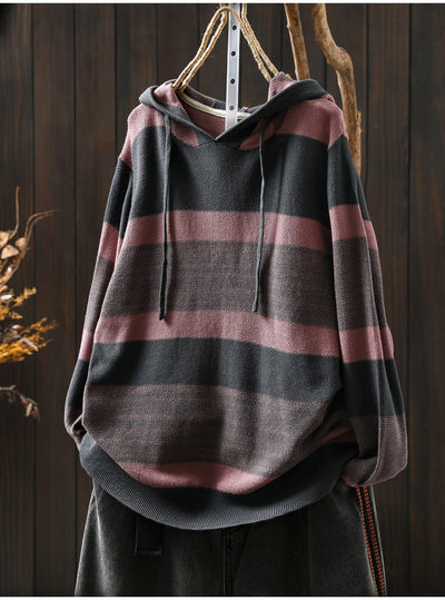 Women Autumn Casual Colorblock Stripe Knitted Hoodie