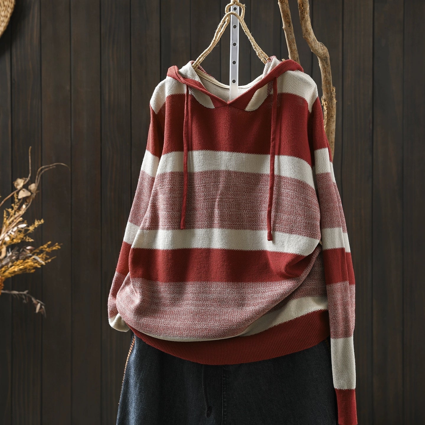 Women Autumn Casual Colorblock Stripe Knitted Hoodie