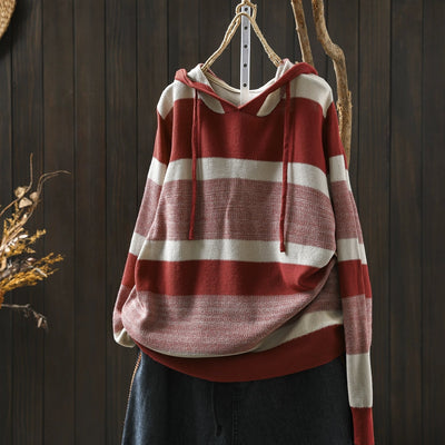 Women Autumn Casual Colorblock Stripe Knitted Hoodie