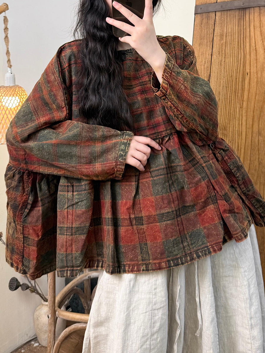 Women Autumn Retro Plaid O-Neck Loose Shirt