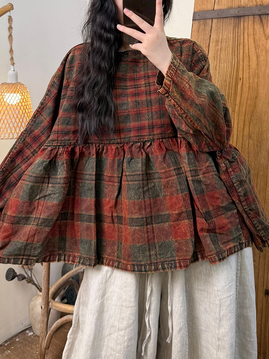 Women Autumn Retro Plaid O-Neck Loose Shirt