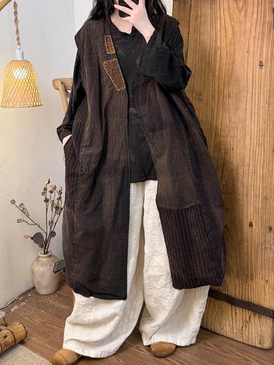 Women Autumn Retro Stripe Split V-Neck Long Vest