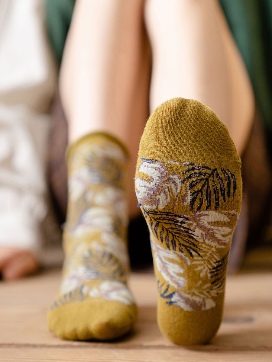 5 Pairs Women Vintage Leaf Rolled Edge Socks