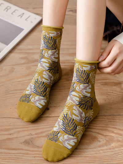 5 Pairs Women Vintage Leaf Rolled Edge Socks