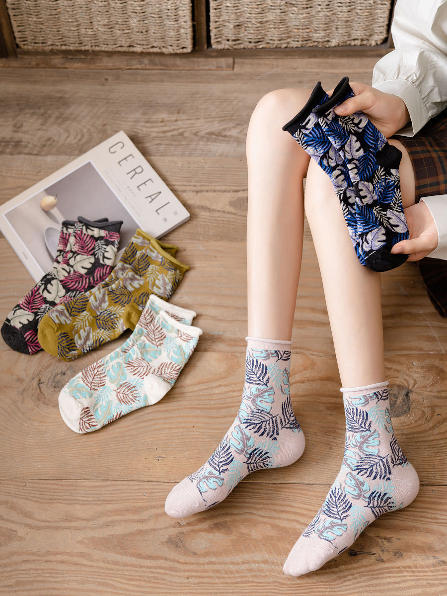 5 Pairs Women Vintage Leaf Rolled Edge Socks
