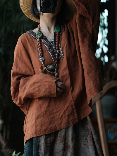 Women Autumn Retro Embroidery V-Neck Linen Shirt