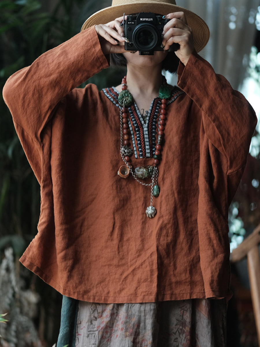Women Autumn Retro Embroidery V-Neck Linen Shirt