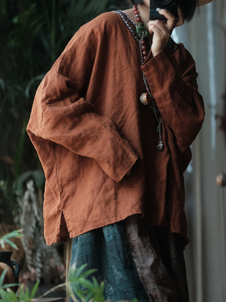 Women Autumn Retro Embroidery V-Neck Linen Shirt