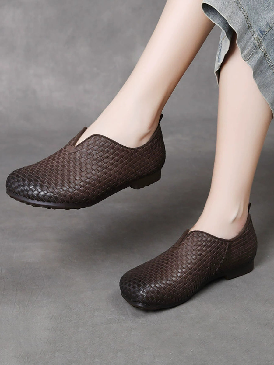 Women Autumn Vintage Genuine Leather Weave Shoes
