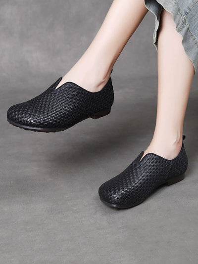 Women Autumn Vintage Genuine Leather Weave Shoes