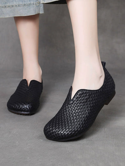 Women Autumn Vintage Genuine Leather Weave Shoes
