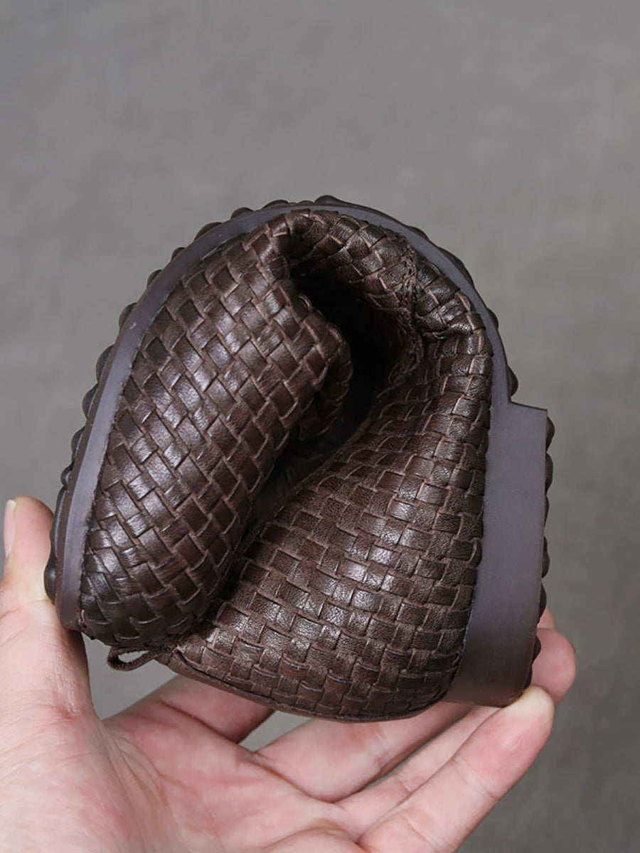 Women Autumn Vintage Genuine Leather Weave Shoes