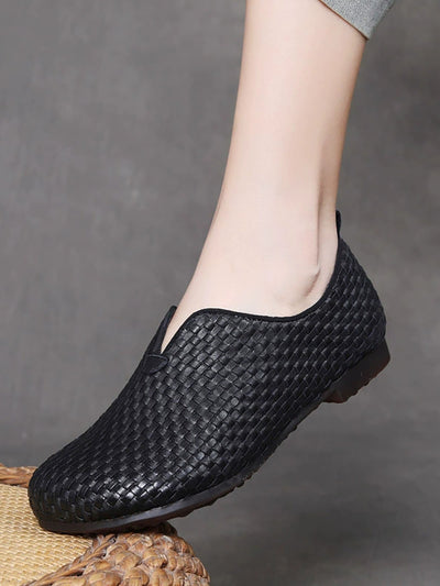 Women Autumn Vintage Genuine Leather Weave Shoes