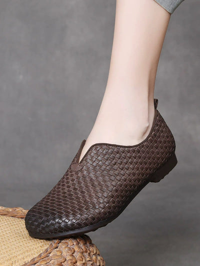 Women Autumn Vintage Genuine Leather Weave Shoes