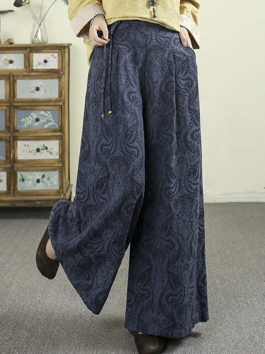 Women Autumn Retro Pure Color Jacquard Wide-leg Pants
