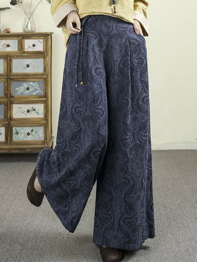 Women Autumn Retro Pure Color Jacquard Wide-leg Pants