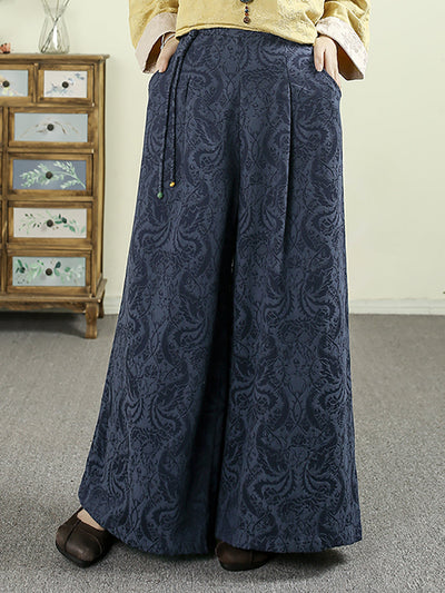 Women Autumn Retro Pure Color Jacquard Wide-leg Pants