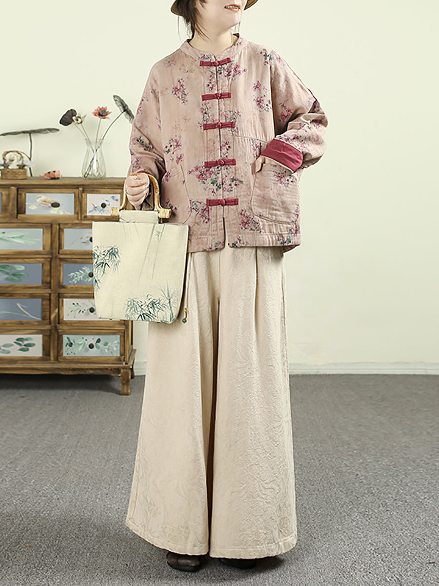 Women Autumn Retro Pure Color Jacquard Wide-leg Pants