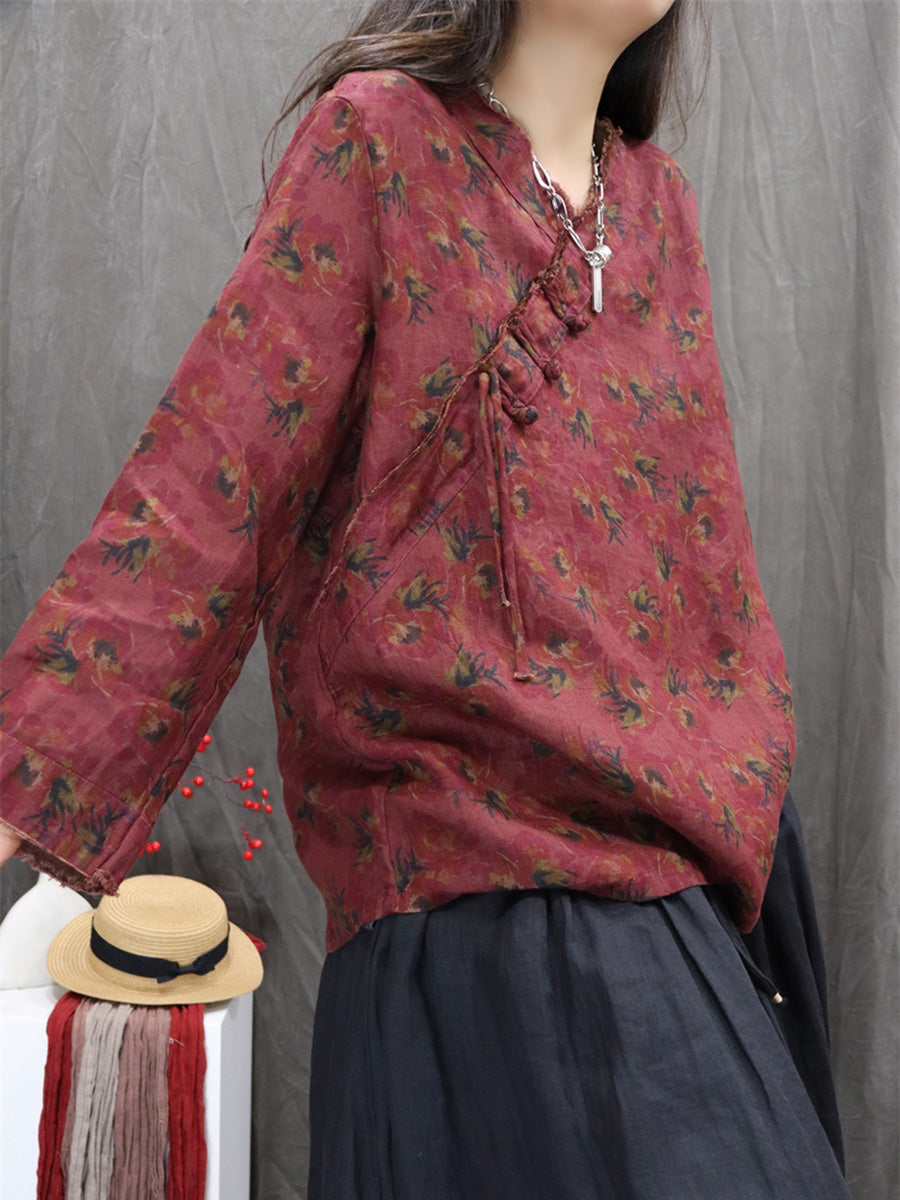 Women Autumn Retro Flower 100%Linen V-Neck Shirt