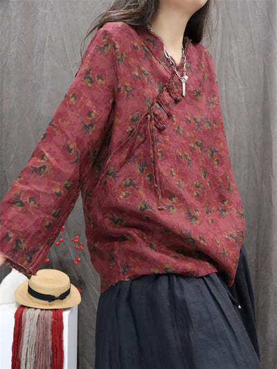 Women Autumn Retro Flower 100%Linen V-Neck Shirt