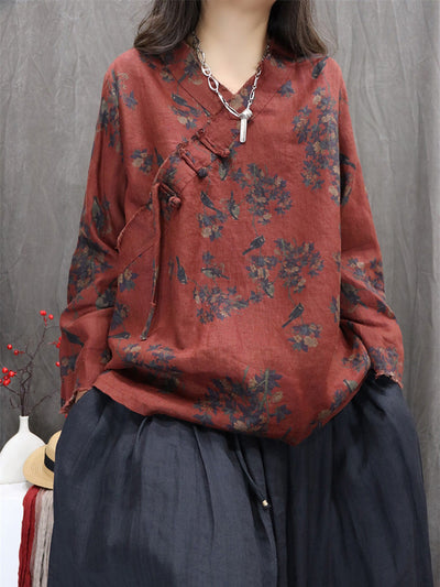 Women Autumn Retro Flower 100%Linen V-Neck Shirt