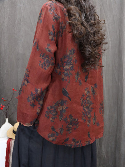 Women Autumn Retro Flower 100%Linen V-Neck Shirt
