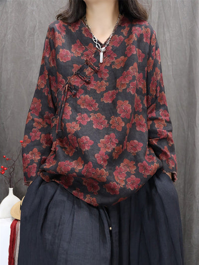 Women Autumn Retro Flower 100%Linen V-Neck Shirt