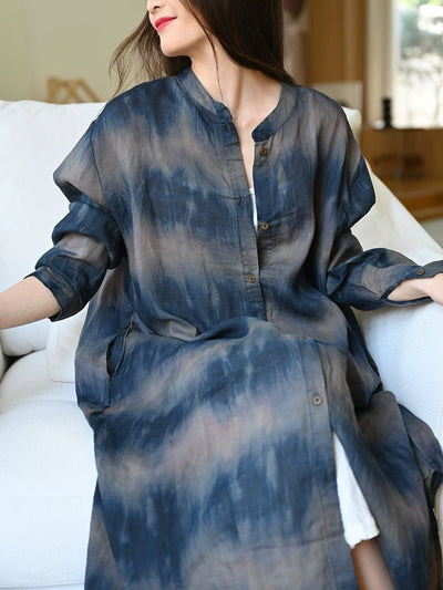 Women Vintage Tie-dye Stand Collar 100%Ramie Long Shirt
