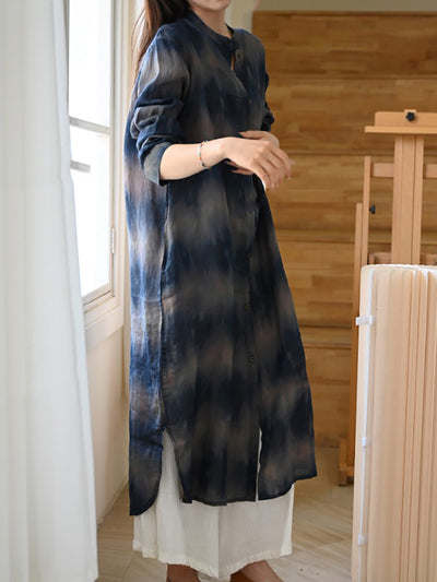 Women Vintage Tie-dye Stand Collar 100%Ramie Long Shirt