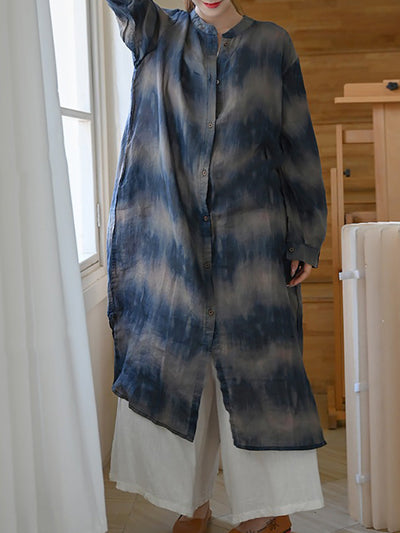 Women Vintage Tie-dye Stand Collar 100%Ramie Long Shirt