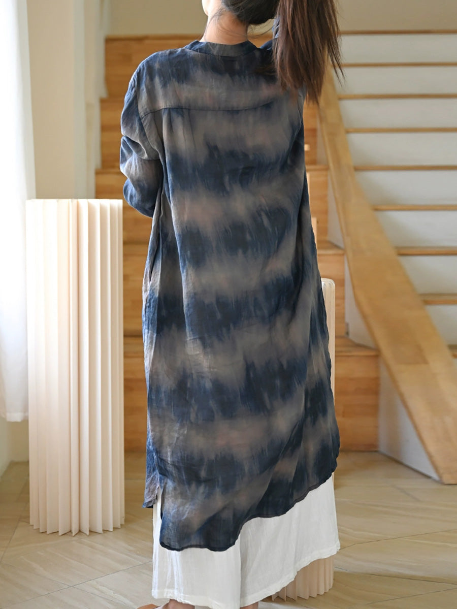 Women Vintage Tie-dye Stand Collar 100%Ramie Long Shirt