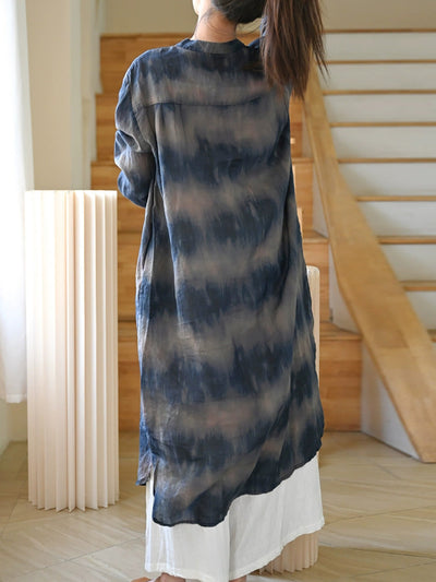 Women Vintage Tie-dye Stand Collar 100%Ramie Long Shirt