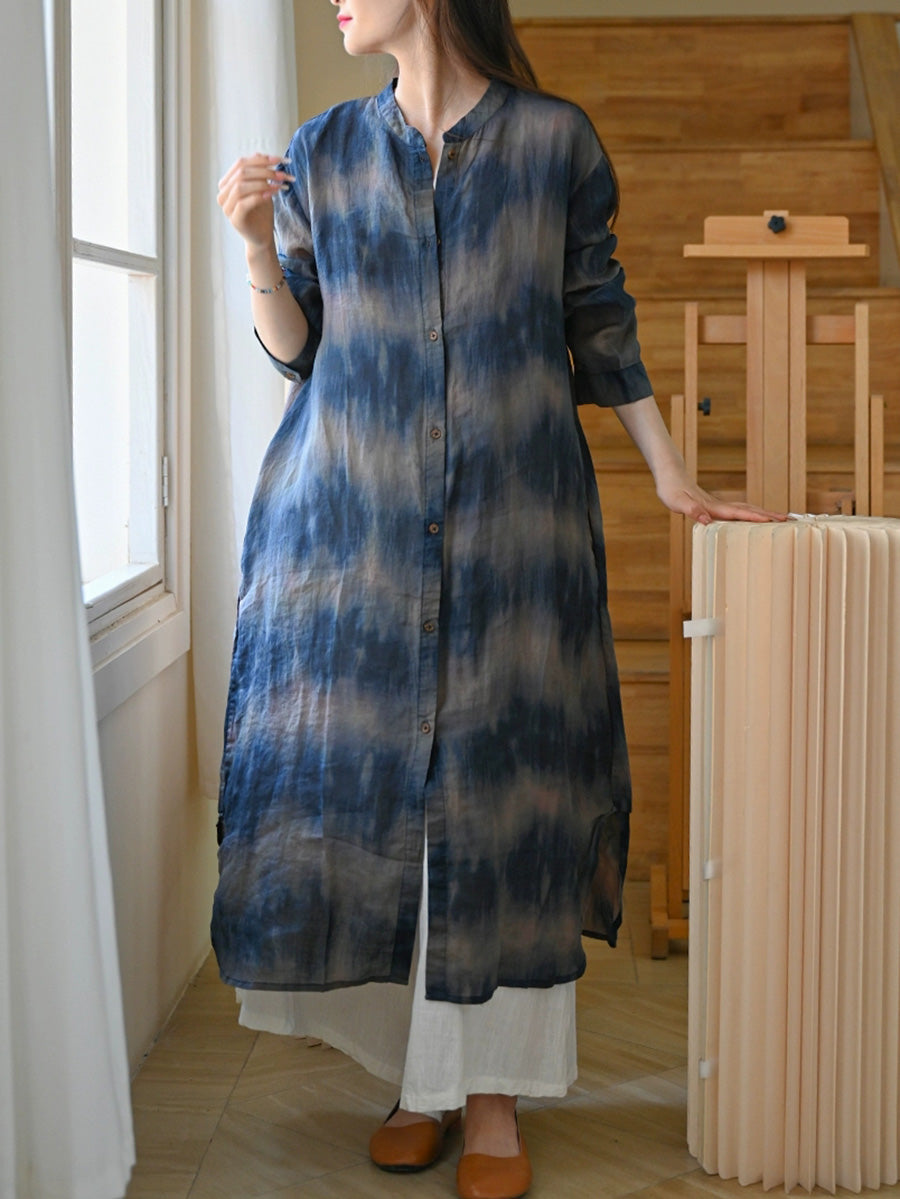Women Vintage Tie-dye Stand Collar 100%Ramie Long Shirt